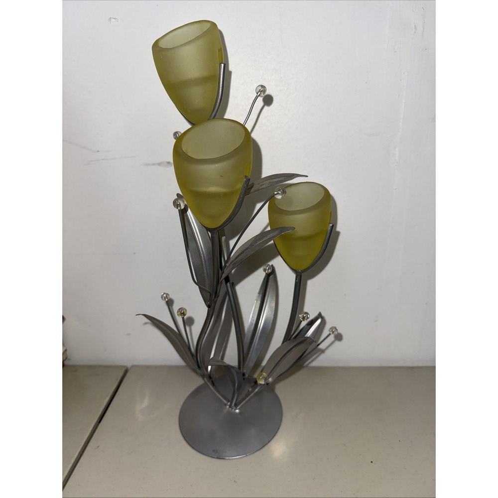 Elegant Art Nouveau THREE (3) AMBER LILIES TEALIGHT HOLDER  15" Tall